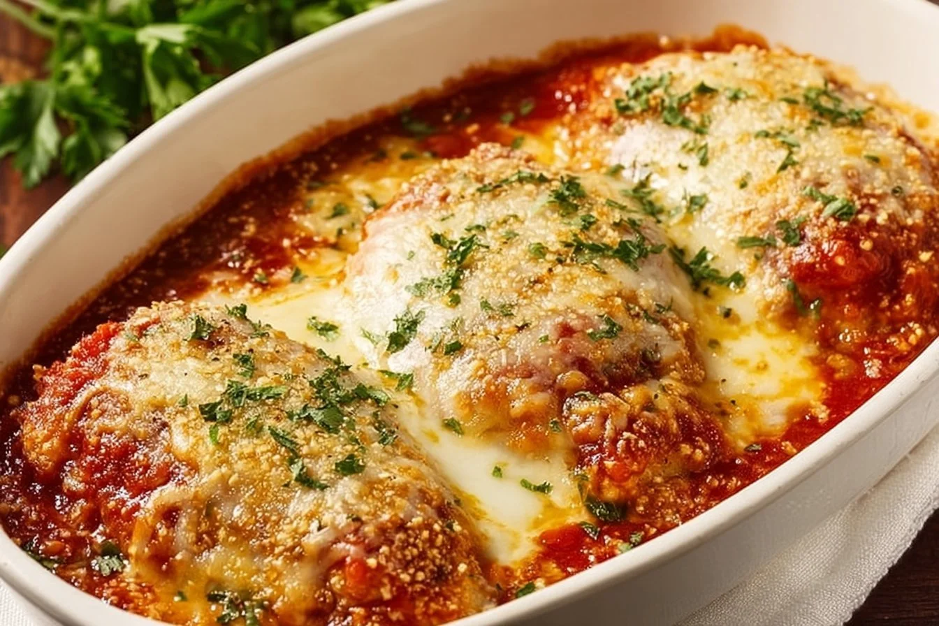 Easy Baked Chicken Parmesan 4 Plate of easy baked chicken parmesan with melted cheese and marinara sauce