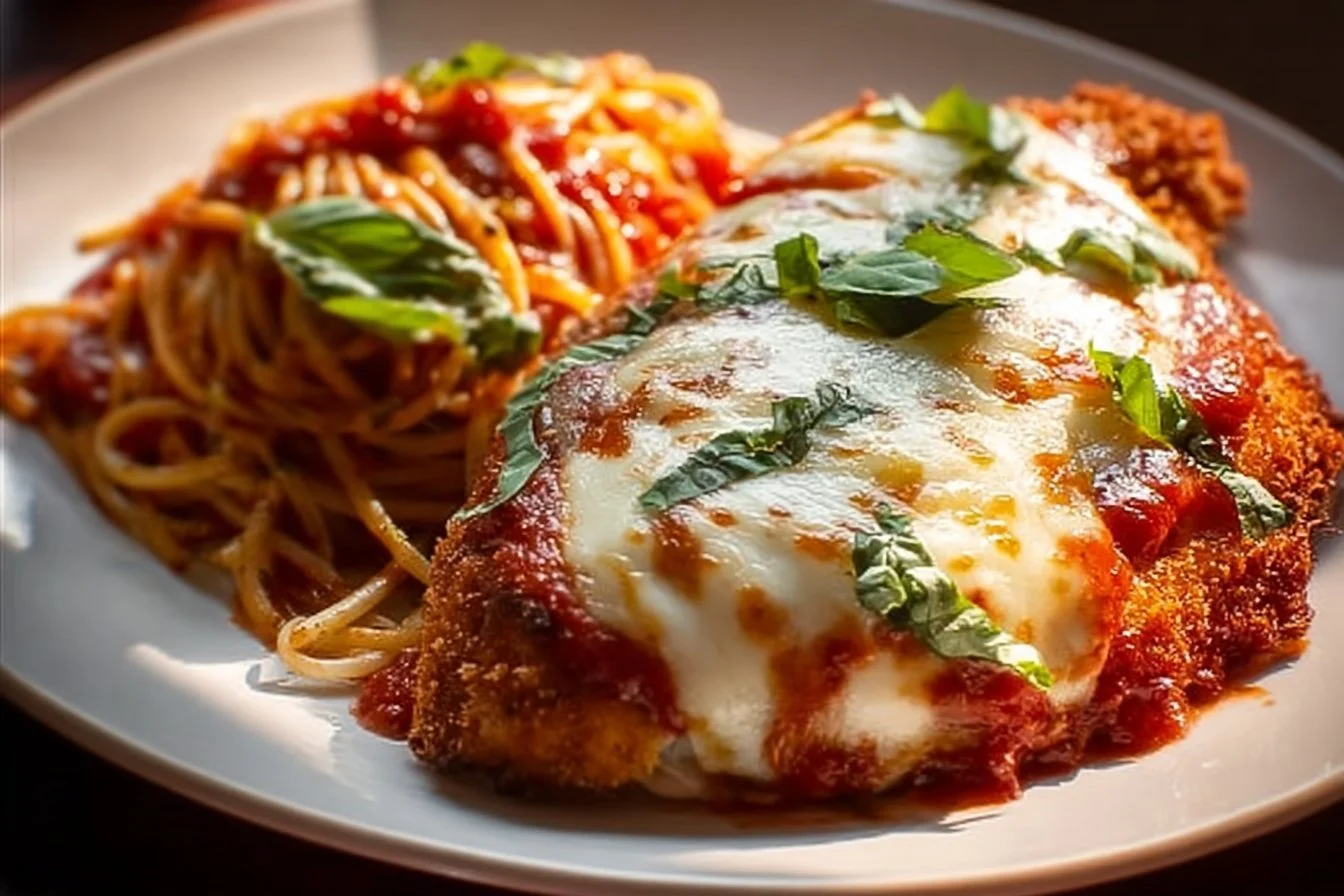 Easy Baked Chicken Parmesan 4 Easy baked chicken parmesan with melted cheese and herbs on top