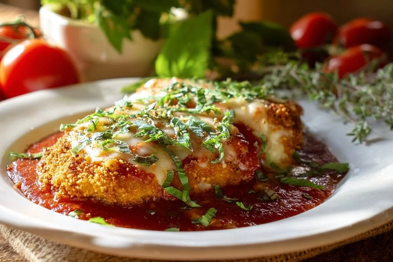 Delicious Easy Baked Chicken Parmesan served with a side of pasta and fresh herbs.