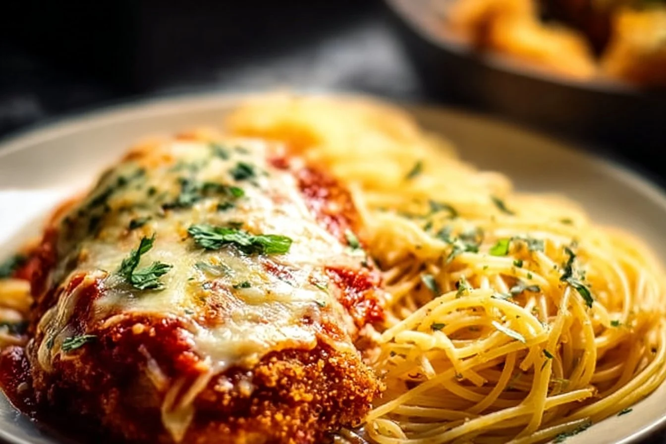 Easy Baked Chicken Parmesan 4 Delicious easy baked chicken parmesan served with pasta and marinara sauce