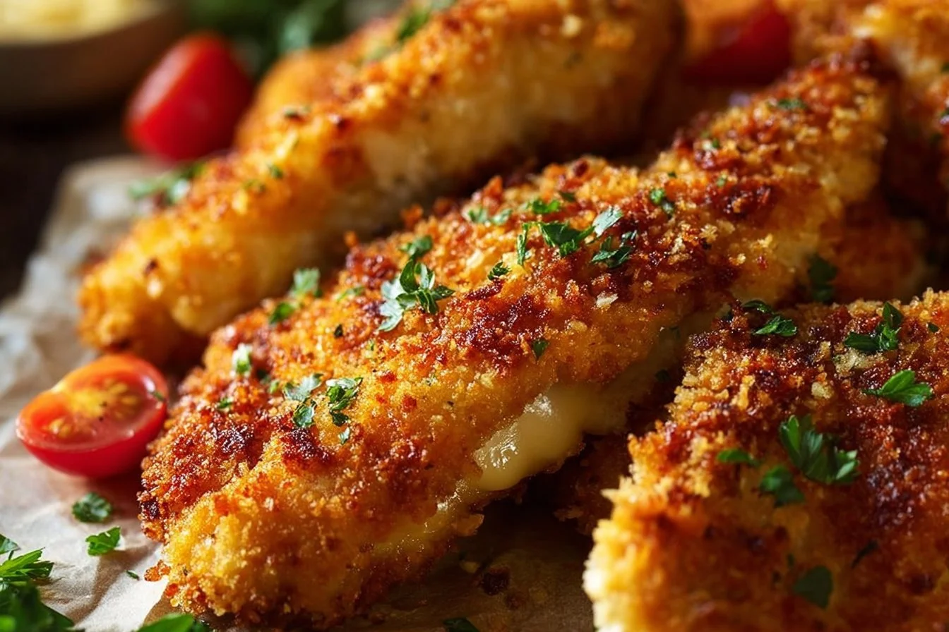 Easy baked chicken parmesan topped with melted cheese and herbs on a plate
