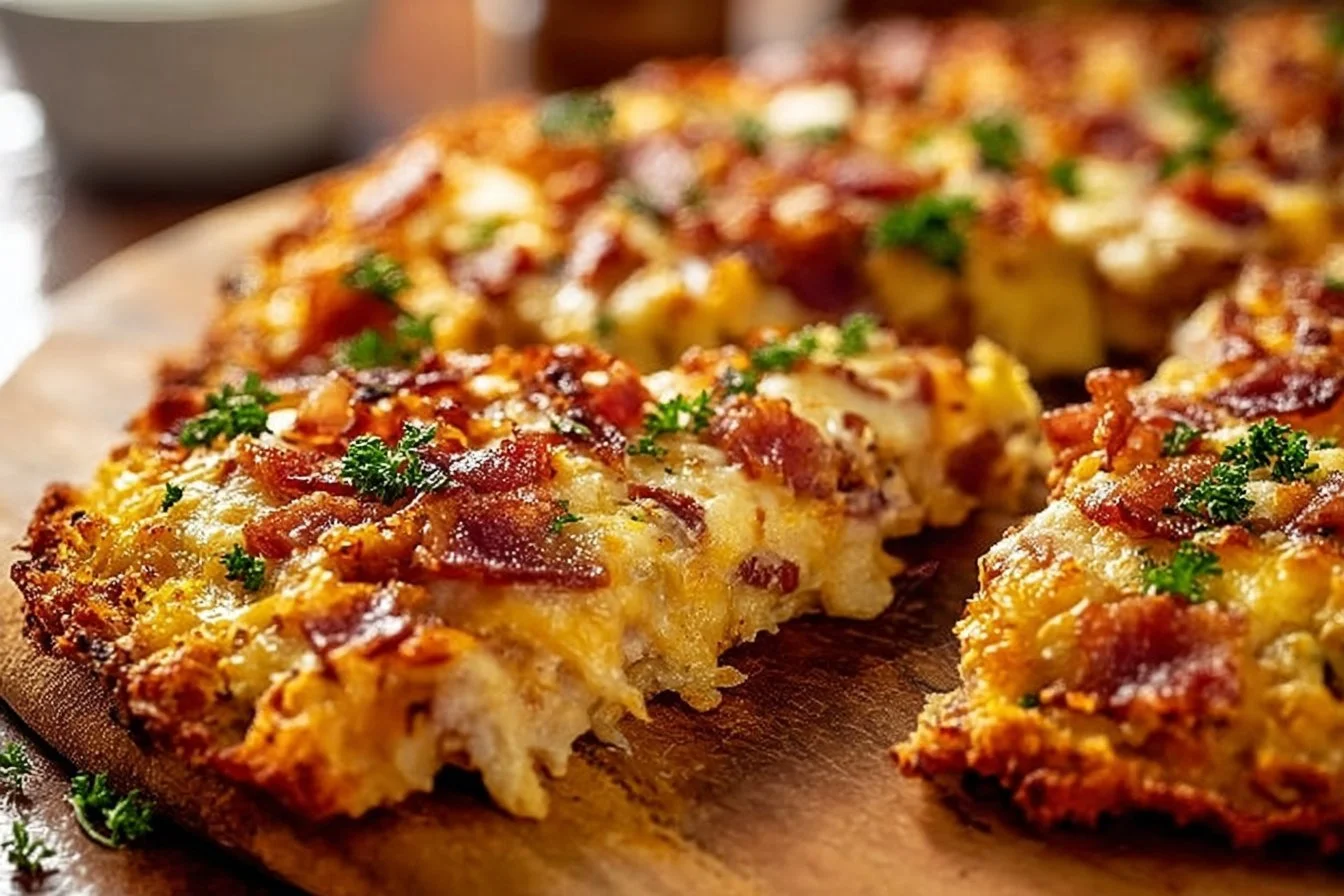 Easy breakfast pizza recipe with a crispy hash brown crust