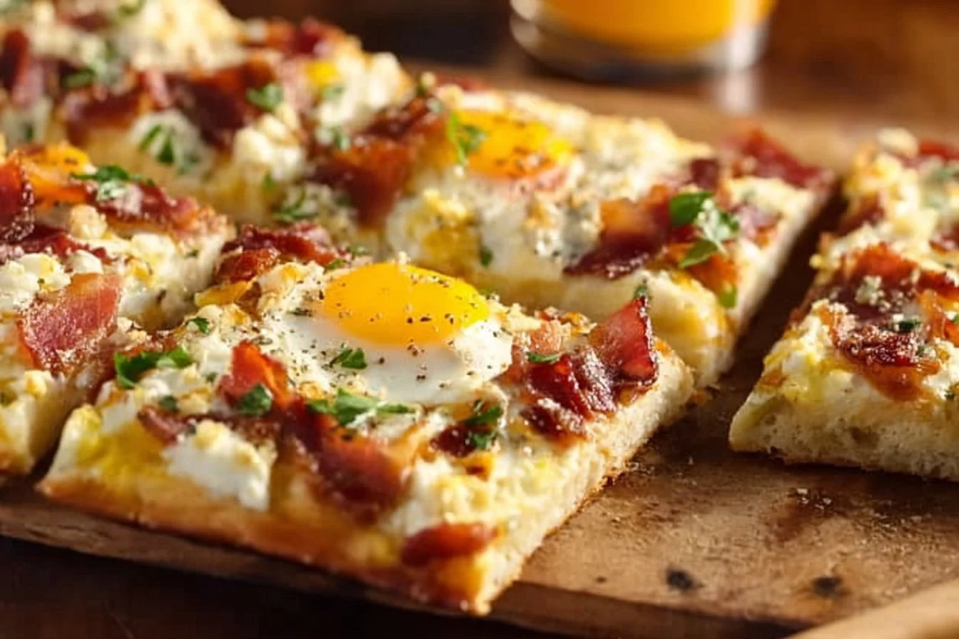 Delicious easy breakfast pizza topped with eggs, cheese, and vegetables