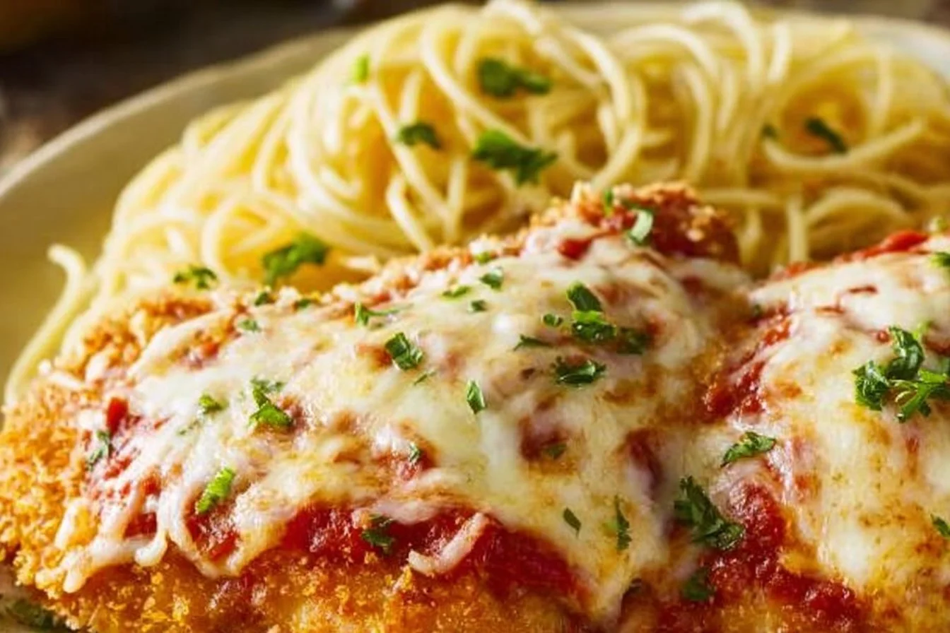 Delicious easy Chicken Parmesan recipe with melted cheese and marinara sauce