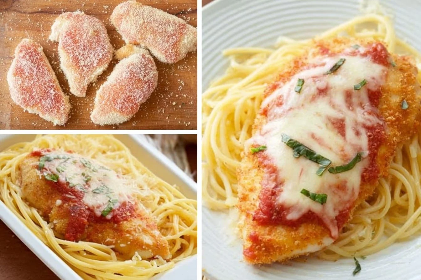 Easy chicken parmesan served with pasta and marinara sauce