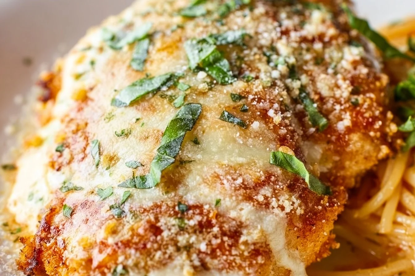 Plate of easy chicken parmesan with melted cheese and fresh herbs
