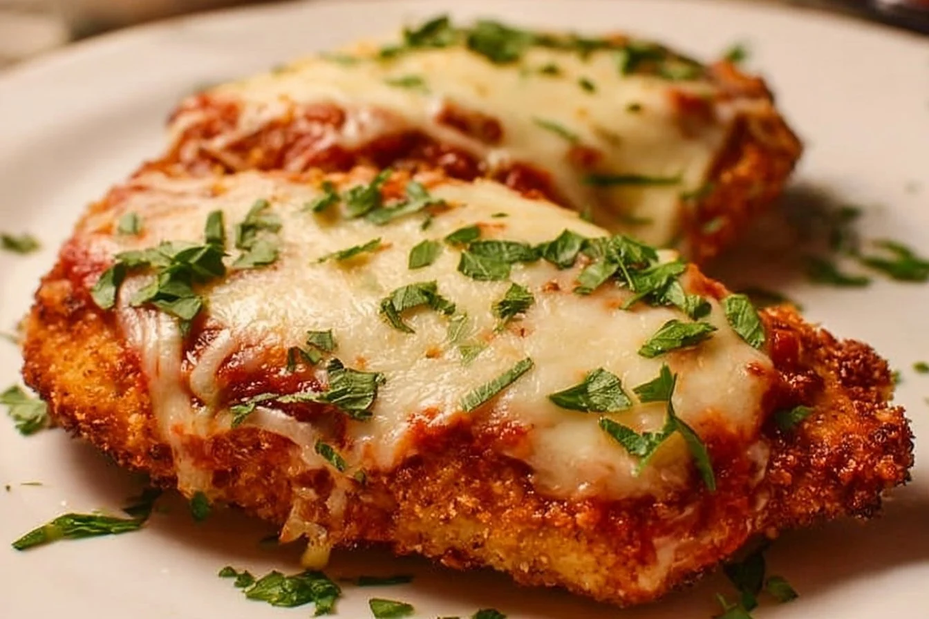 Easy Chicken Parmesan 4 Delicious easy chicken parmesan served with pasta and fresh basil.