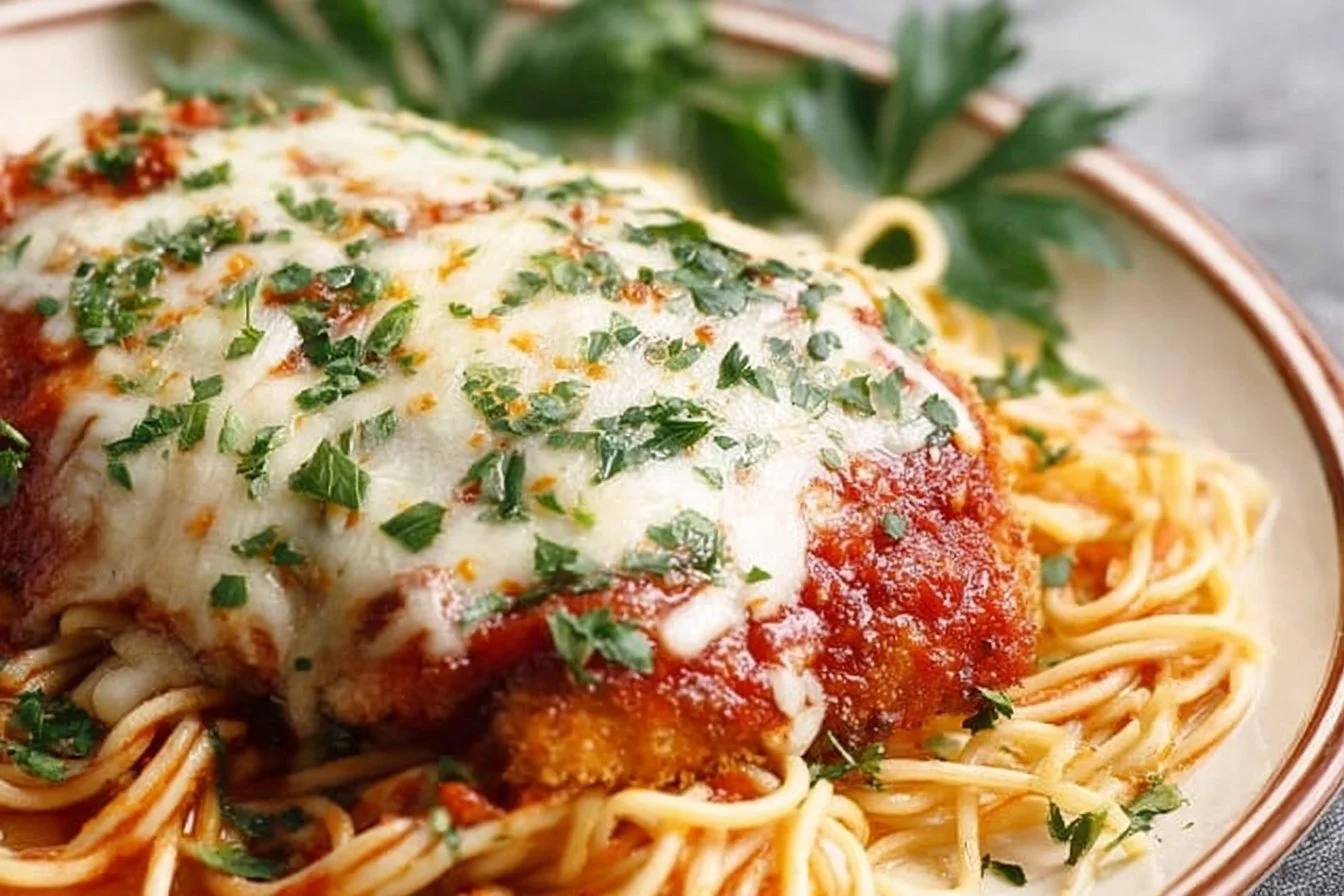 Easy chicken parmesan served with marinara sauce and melted cheese