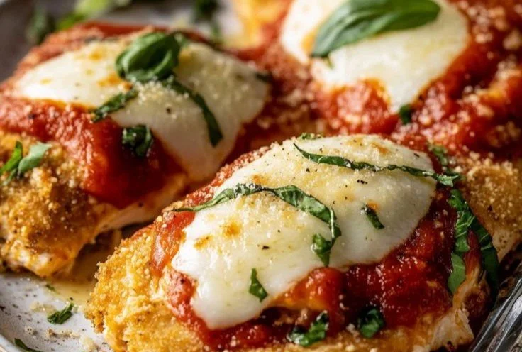 Plate of easy Chicken Parmesan with pasta and marinara sauce