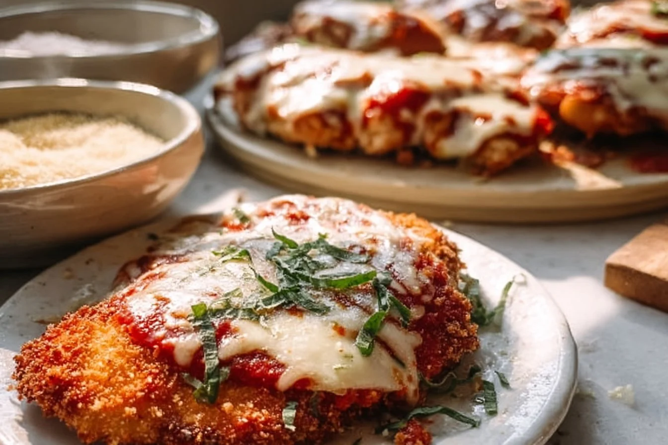 Easy chicken parmesan dish with melted cheese and marinara sauce