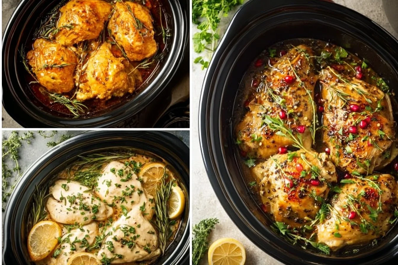 Delicious easy crockpot chicken breast served with vegetables and herbs