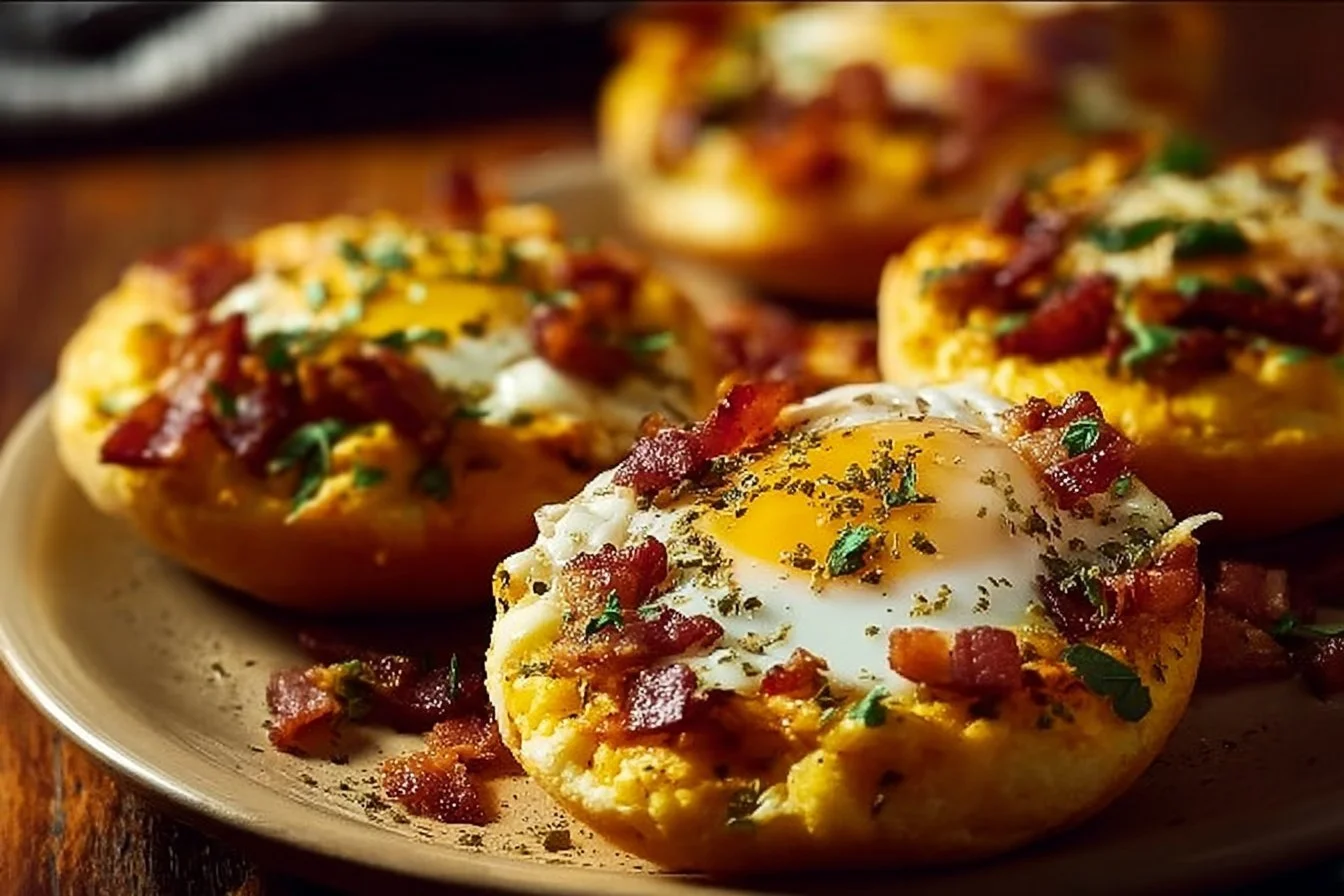 Easy English muffin breakfast pizza topped with cheese and tomato sauce