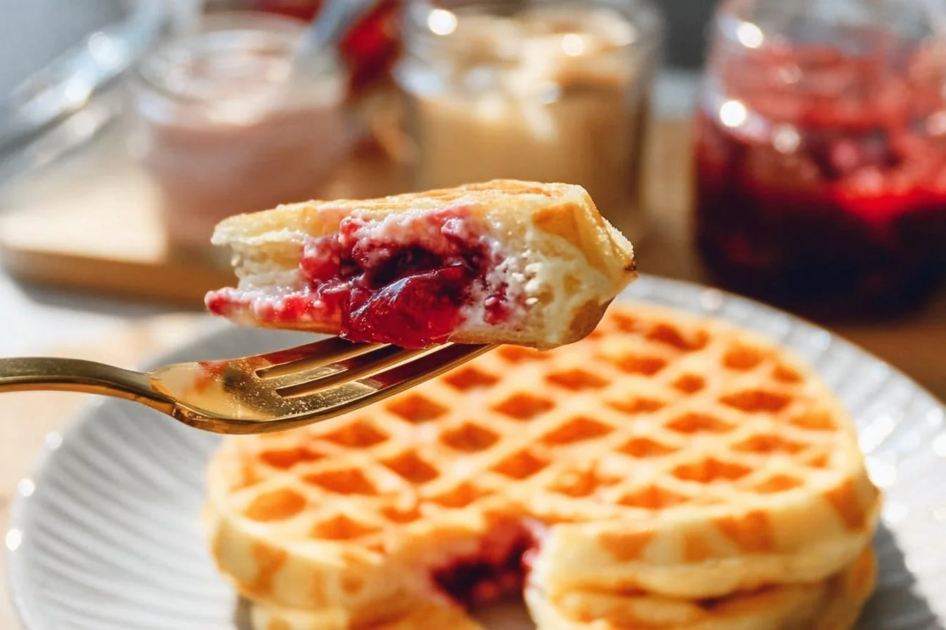 Easy Frozen Waffle Sweet Breakfast Sandwich with syrup and fruit
