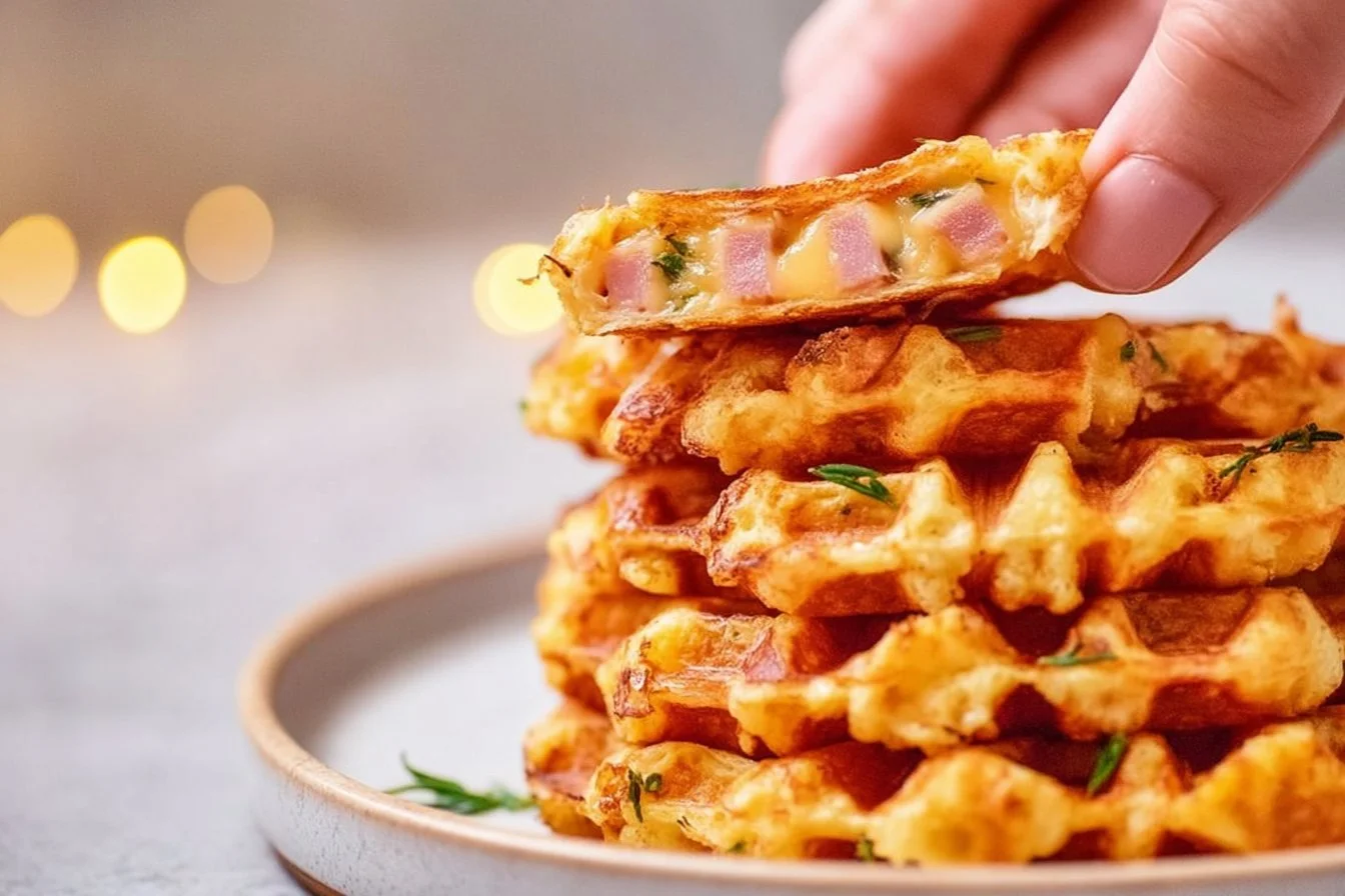 Easy ham and cheese chaffles served on a plate with garnish