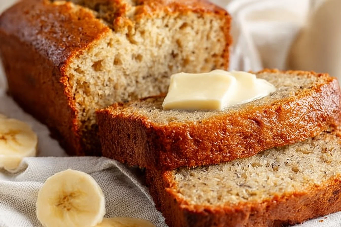 Slice of easy moist banana bread on a wooden board