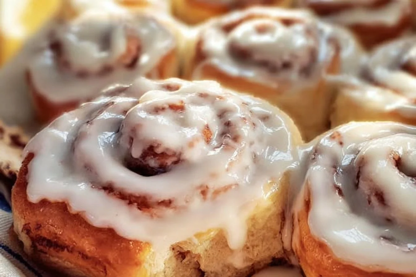 Delicious easy one hour cinnamon rolls freshly baked on a plate