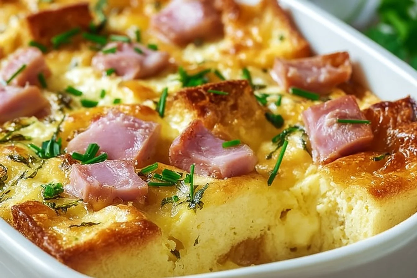 Eggs Benedict Casserole 4 Eggs Benedict Casserole served in a baking dish, topped with hollandaise sauce.