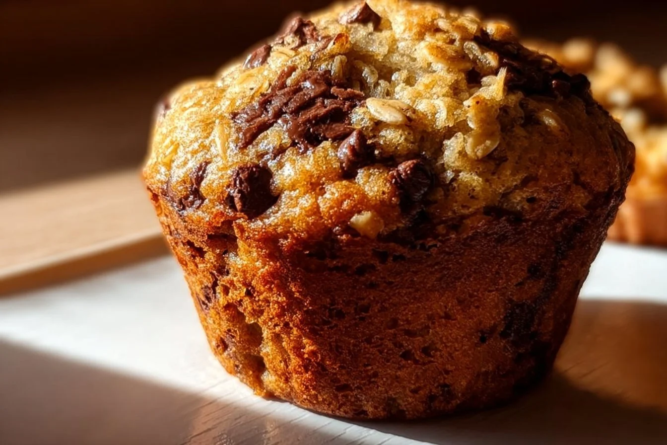 Fearless 3-Day Oatmeal Chocolate Chip Breakfast Muffins 4 Delicious oatmeal chocolate chip muffins on a wooden table ready for breakfast