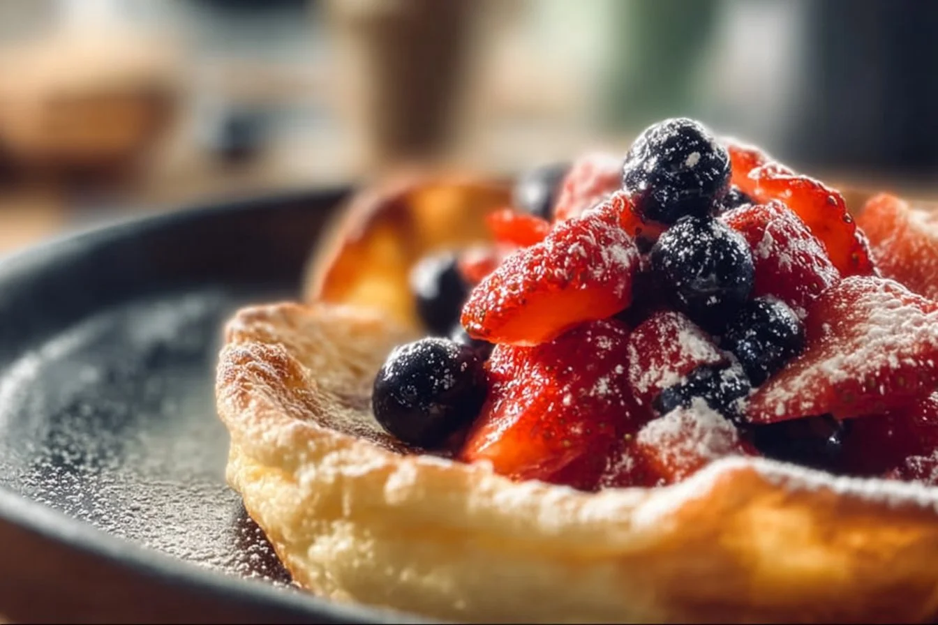 Fluffy German pancakes served with fresh fruit and syrup