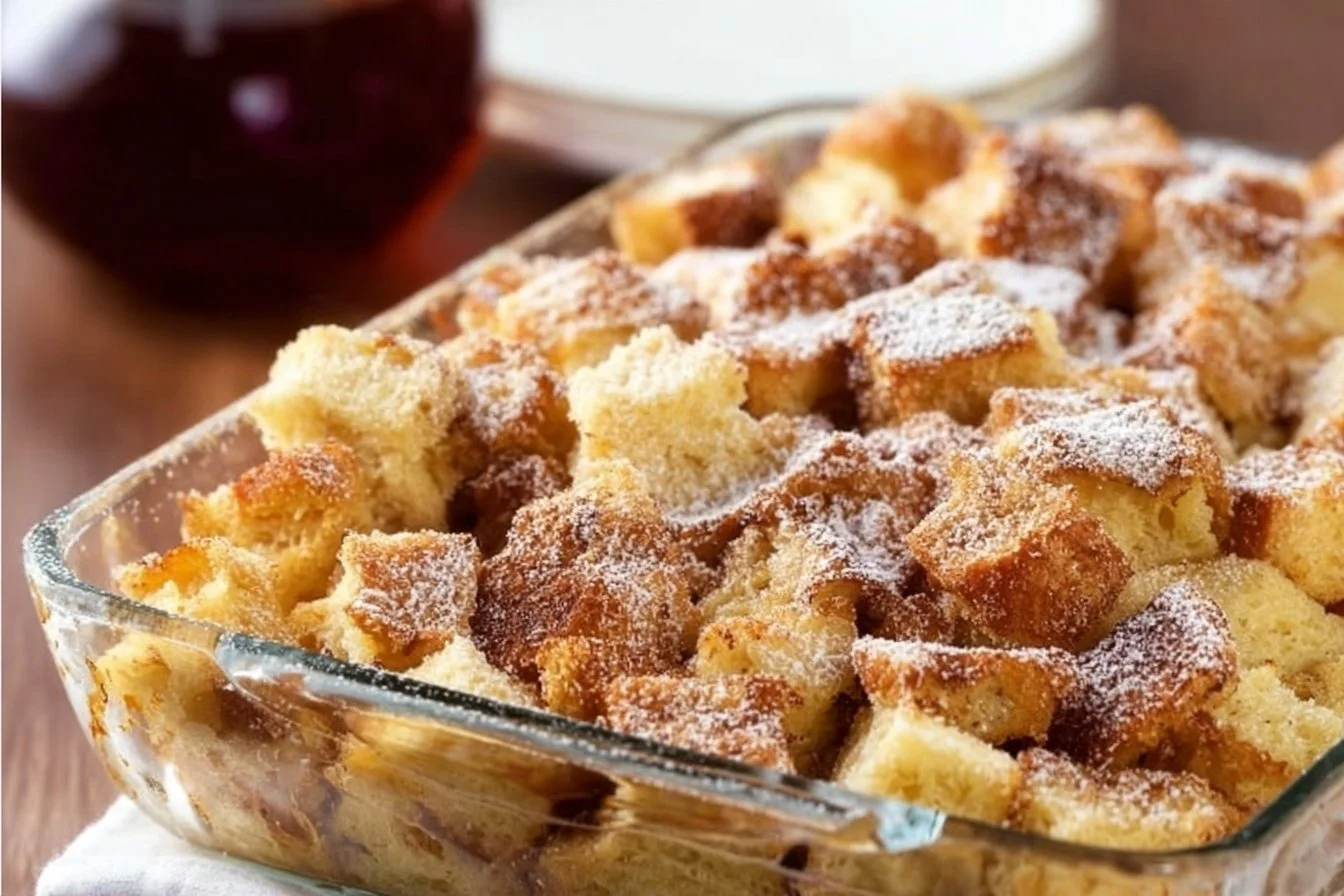 Delicious French Toast Bake served on a plate with fresh berries and syrup