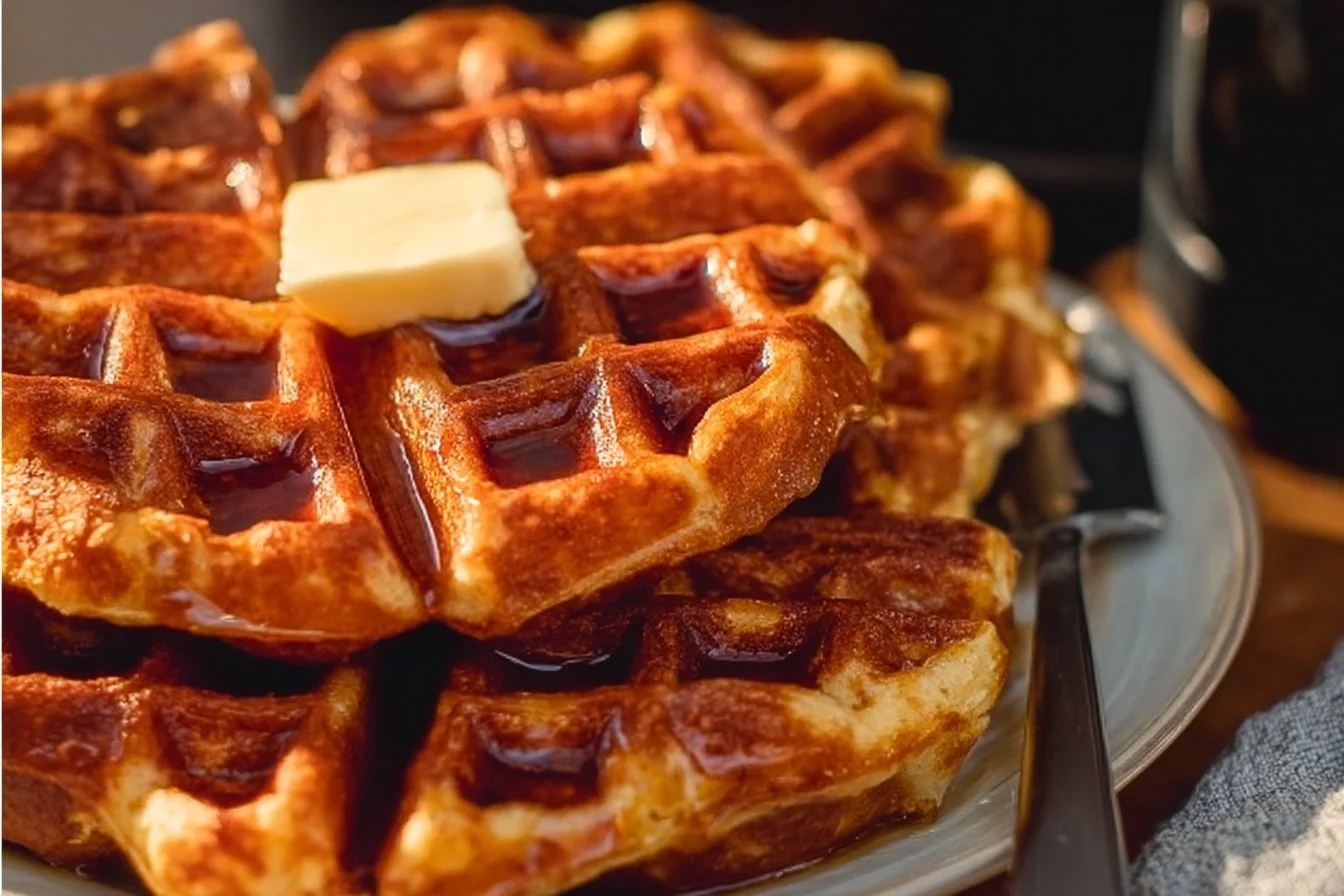 Plate of golden French Toast Waffles topped with maple syrup and berries