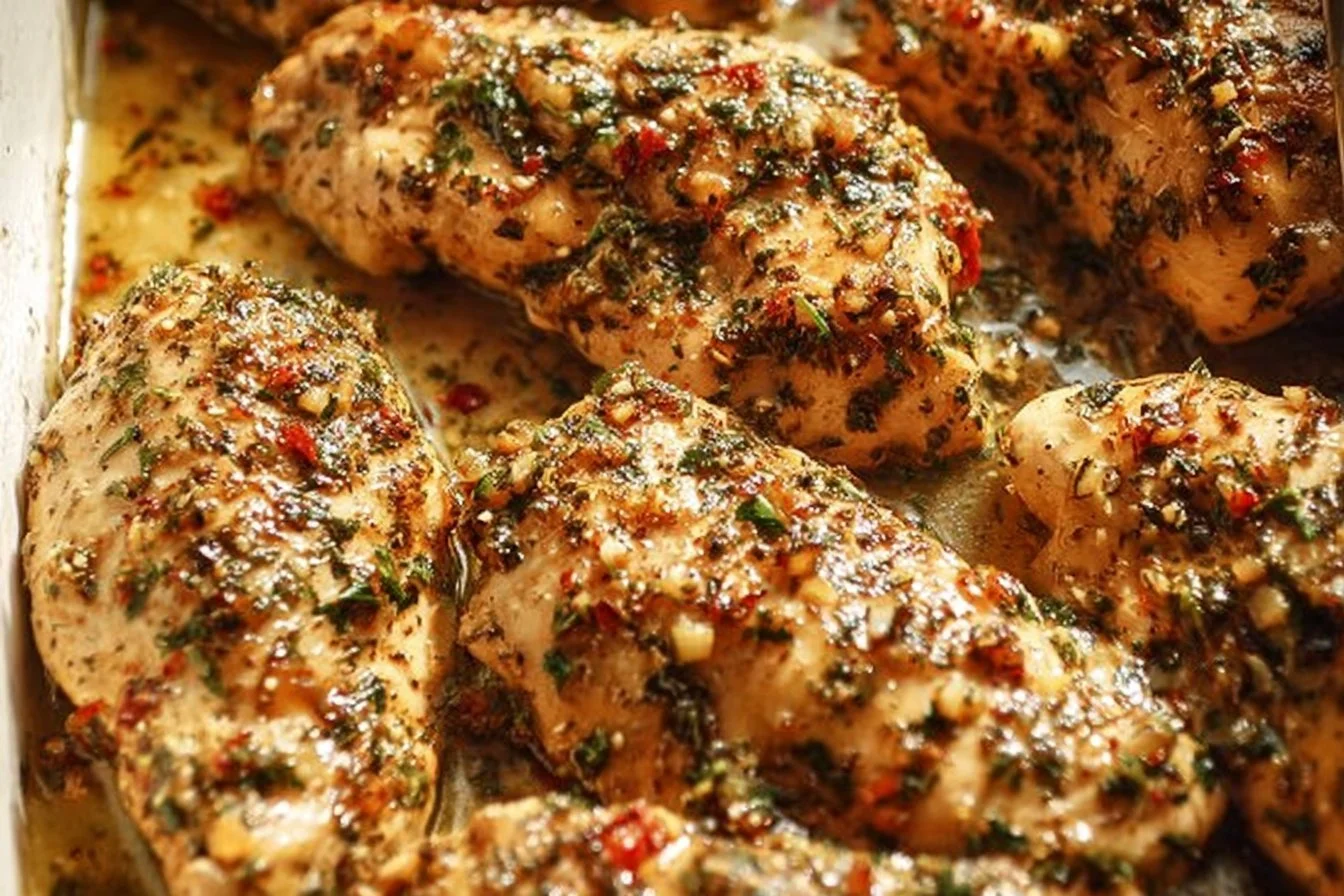 Baked Garlic Chicken Parmesan topped with herbs and cheese