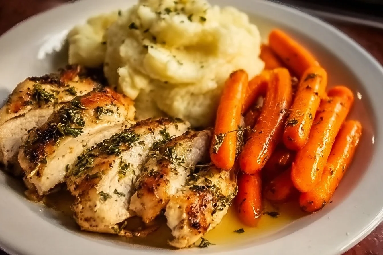 Delicious Garlic Herb Chicken with creamy mashed potatoes and glazed carrots