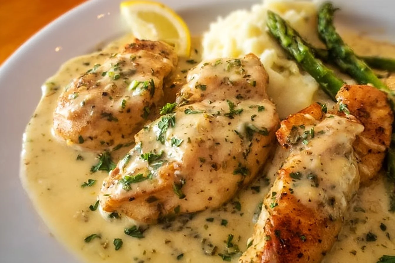 Garlic Parmesan Chicken garnished with parsley on a plate