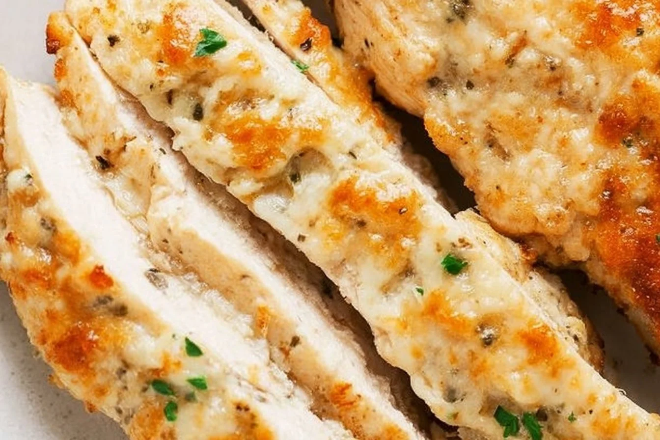 Delicious baked Garlic Parmesan Chicken garnished with herbs and cheese