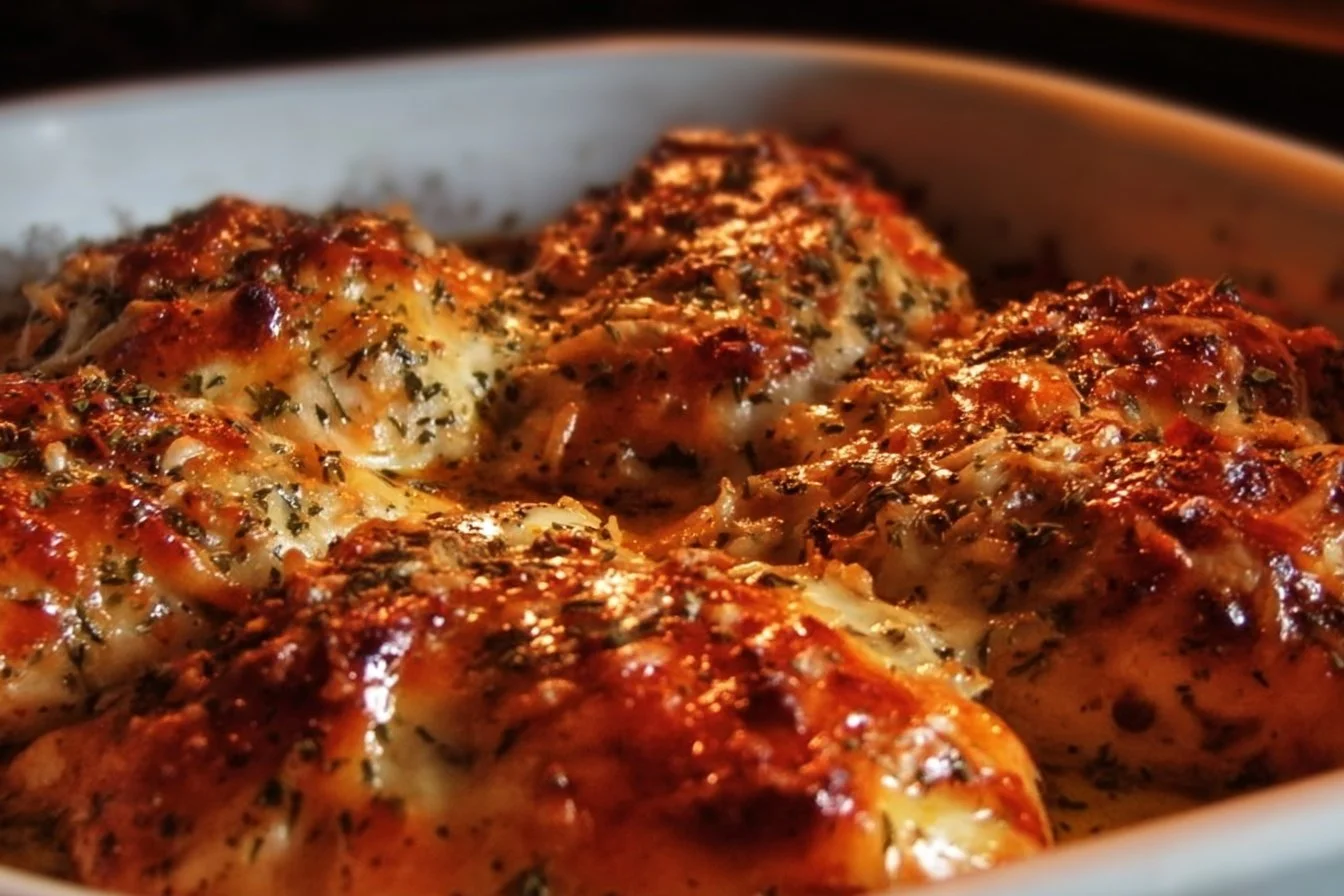 Baked Garlic Parmesan Chicken with crispy topping and herbs