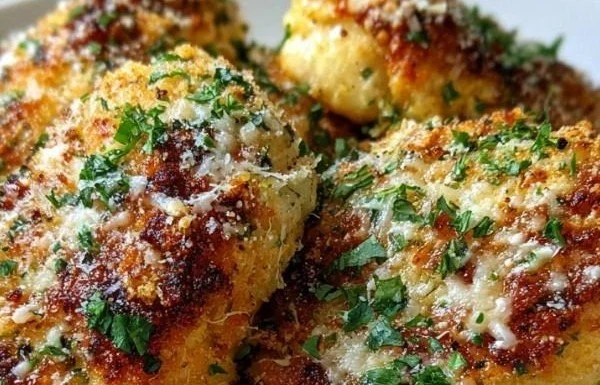 Garlic Parmesan Chicken Bake served with herbs and a golden crust