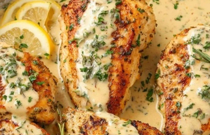 Pan-seared Garlic Parmesan Chicken Breasts garnished with herbs