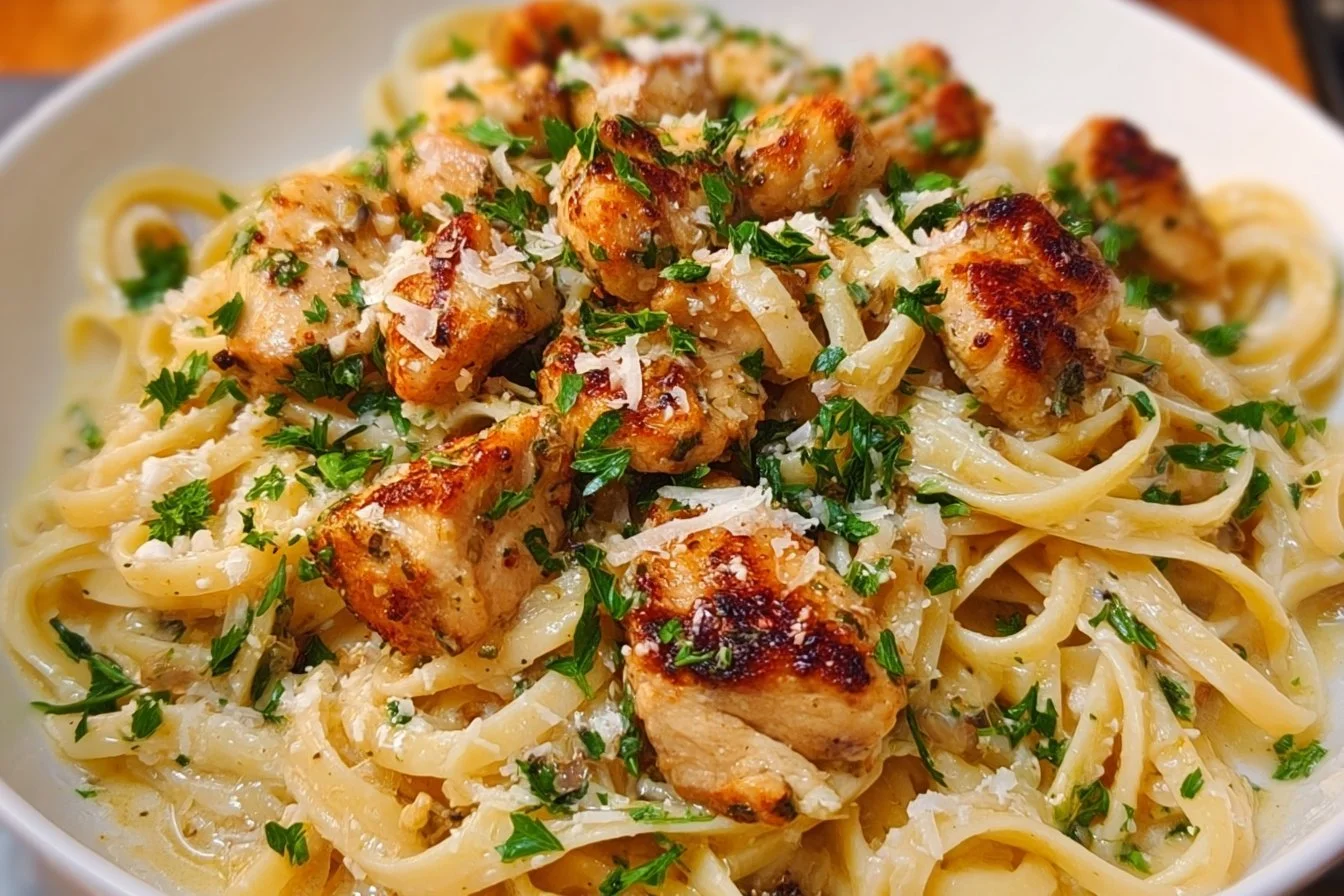 Garlic Parmesan Chicken Pasta served with herbs and grated cheese.