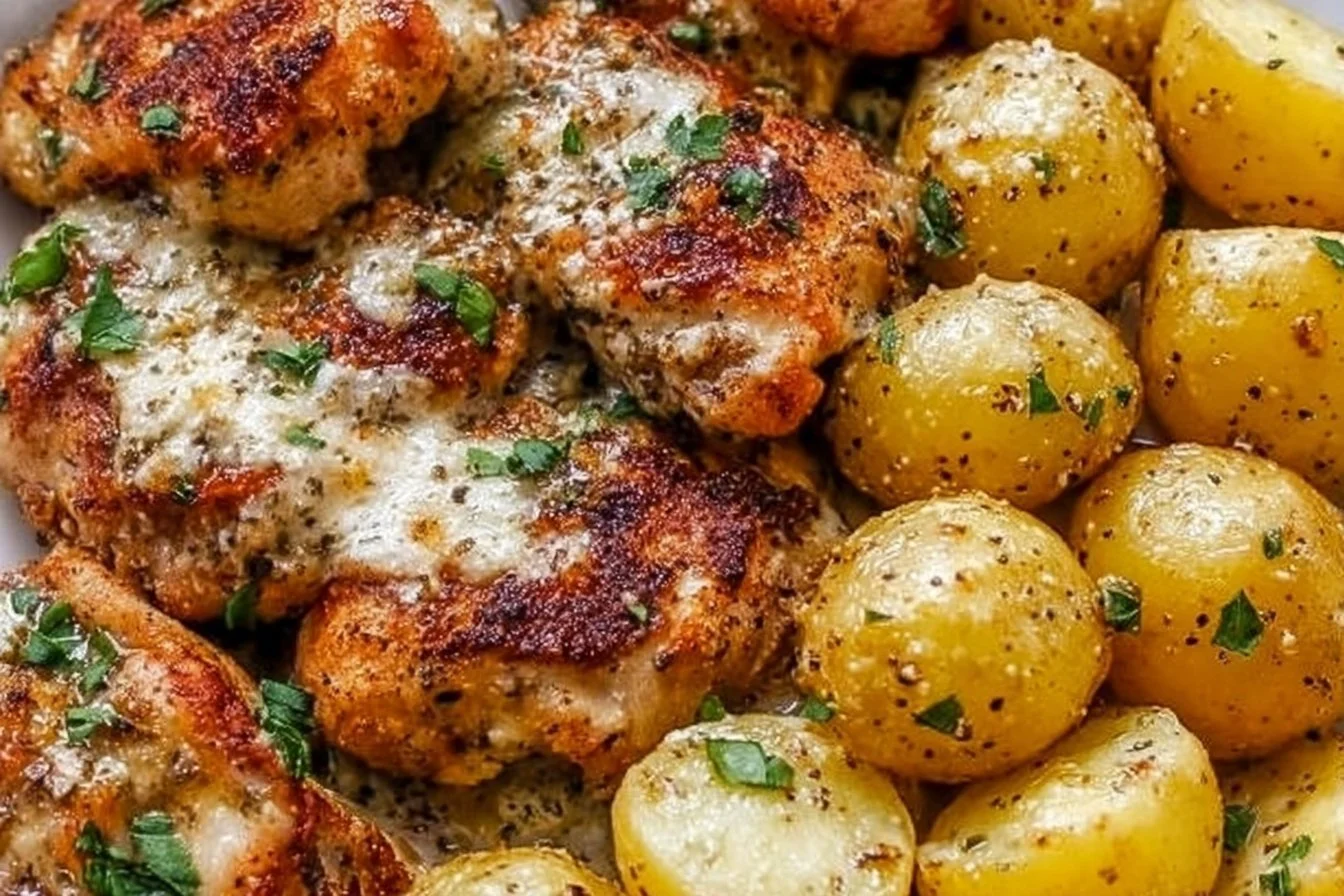 Garlic Parmesan Chicken Thighs served with golden potatoes
