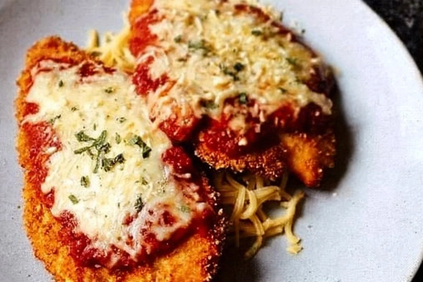 Gluten-Free Chicken Parmesan 4 Gluten-Free Chicken Parmesan served on a plate with herb garnish.