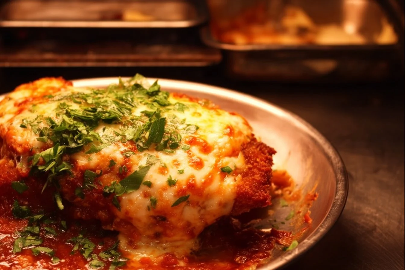Delicious plate of Gordon Ramsay's Chicken Parmesan with marinara sauce and herbs