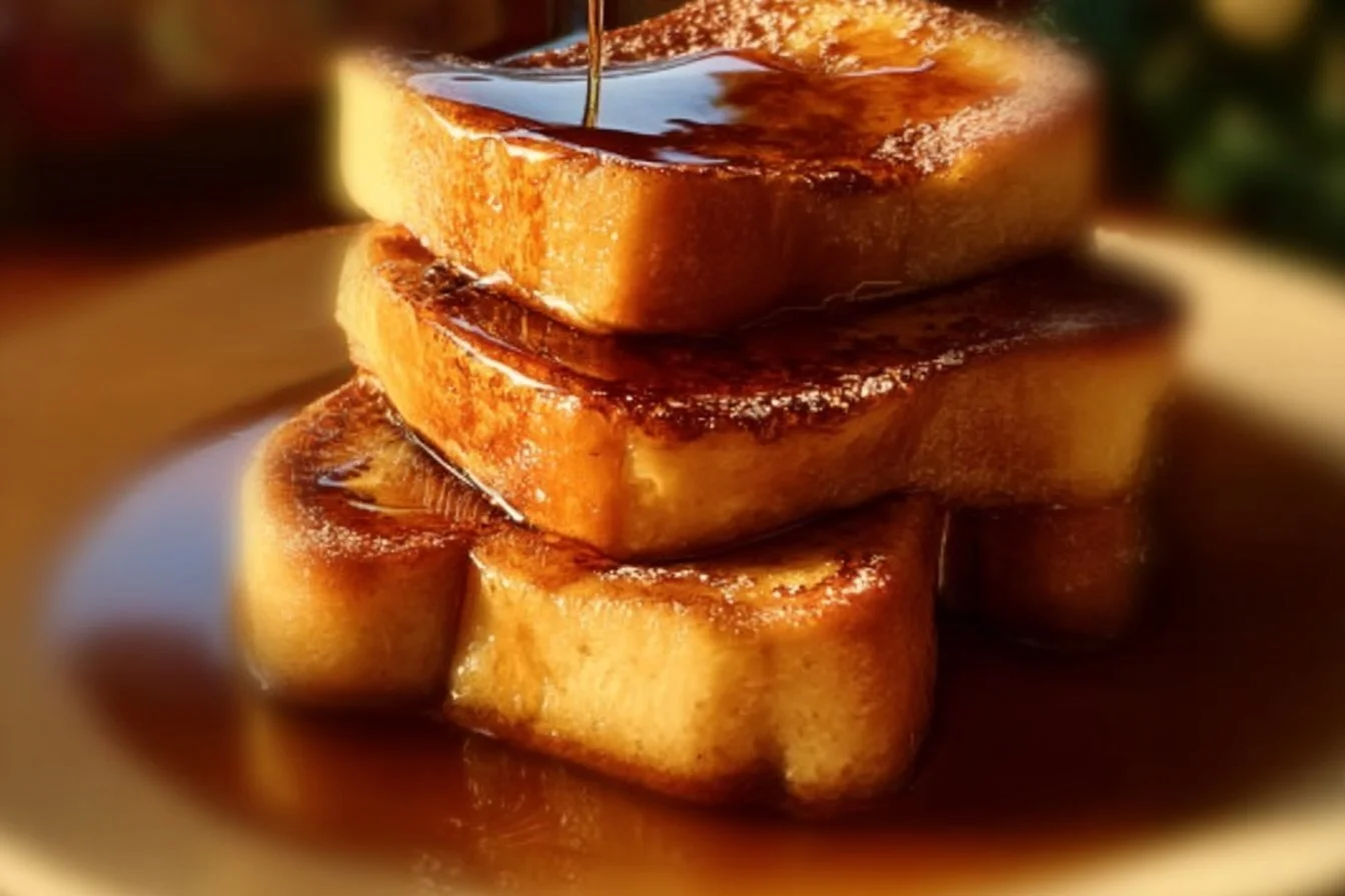 Delicious Hawaiian Roll French Toast topped with syrup and fruit