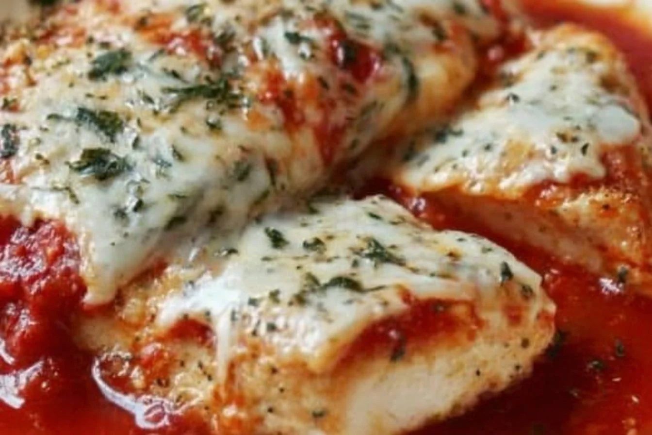 Healthy Chicken Parmesan with marinara sauce and cheese on a plate