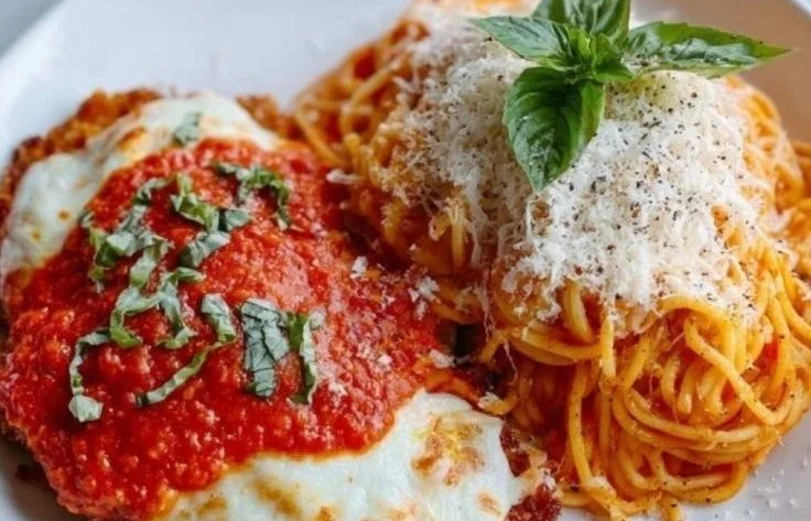 Healthy baked chicken parmesan served with marinara sauce and cheese