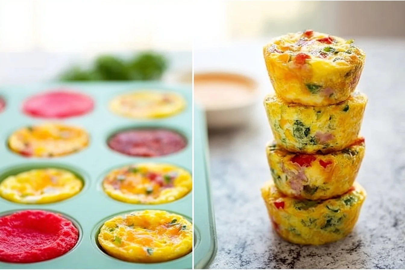 Healthy Breakfast Egg Muffins 5 Healthy breakfast egg muffins with vegetables and cheese in a muffin tin