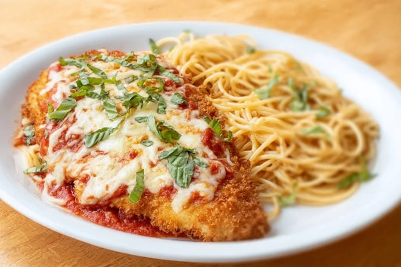 Healthy chicken parmesan dish served with greens