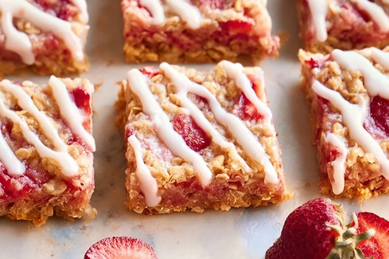 Healthy strawberry oatmeal breakfast bars stacked on a wooden table
