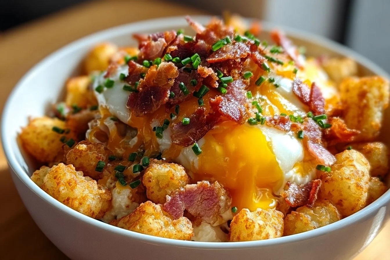 Hearty Tater Tot Breakfast Bowl 4 Hearty tater tot breakfast bowl with eggs, cheese, and vegetables