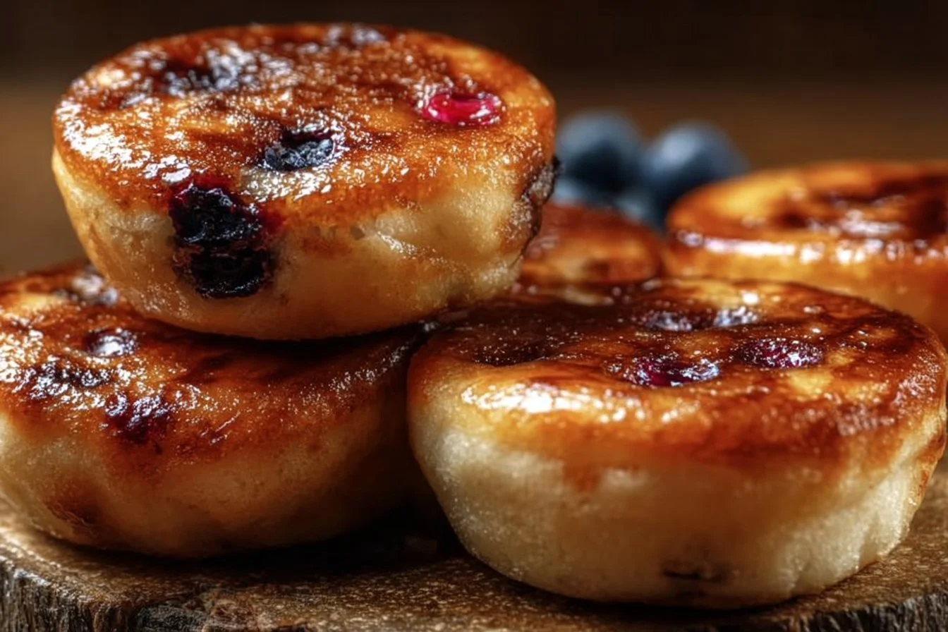 High protein pancake muffins stacked on a plate, ready for breakfast.