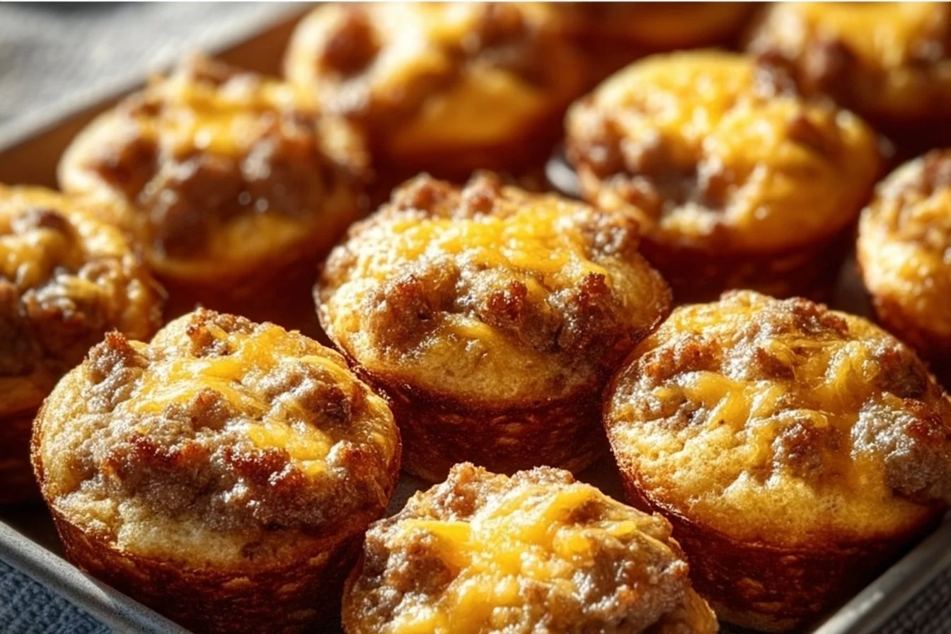 High-protein pancake sausage mini muffins served on a plate.