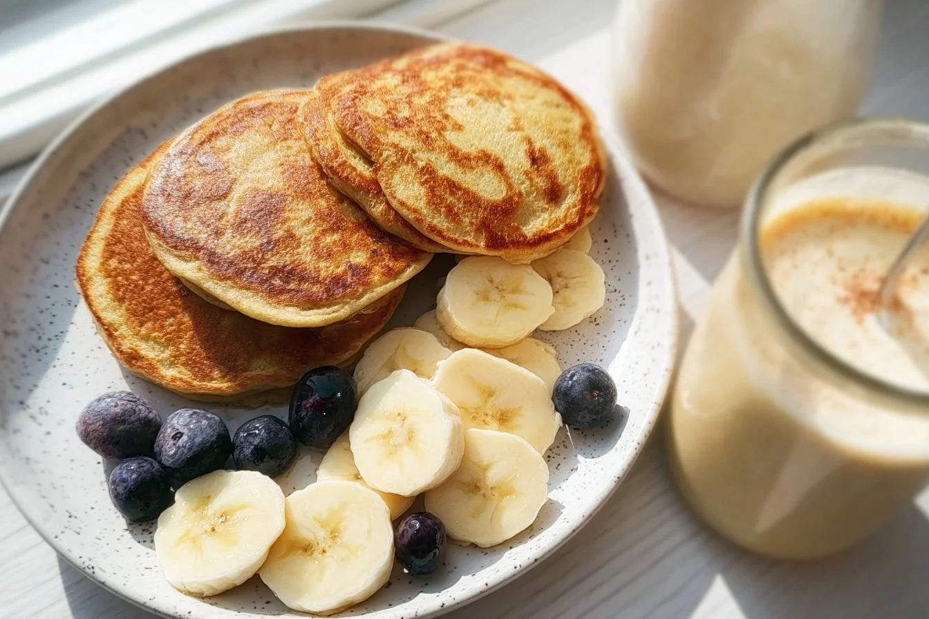 High Protein Pancakes 5 Stack of fluffy high protein pancakes topped with fresh berries and syrup