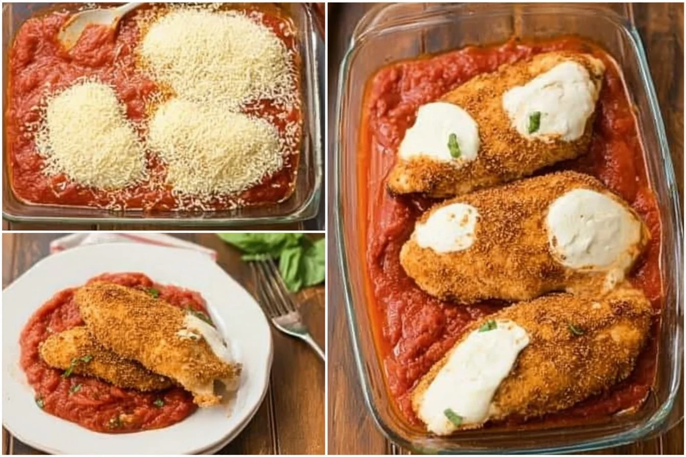 Delicious homemade chicken parmesan served with marinara sauce and melted cheese.