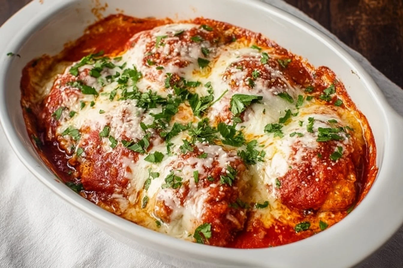 Delicious Homemade Chicken Parmesan served with marinara sauce and cheese