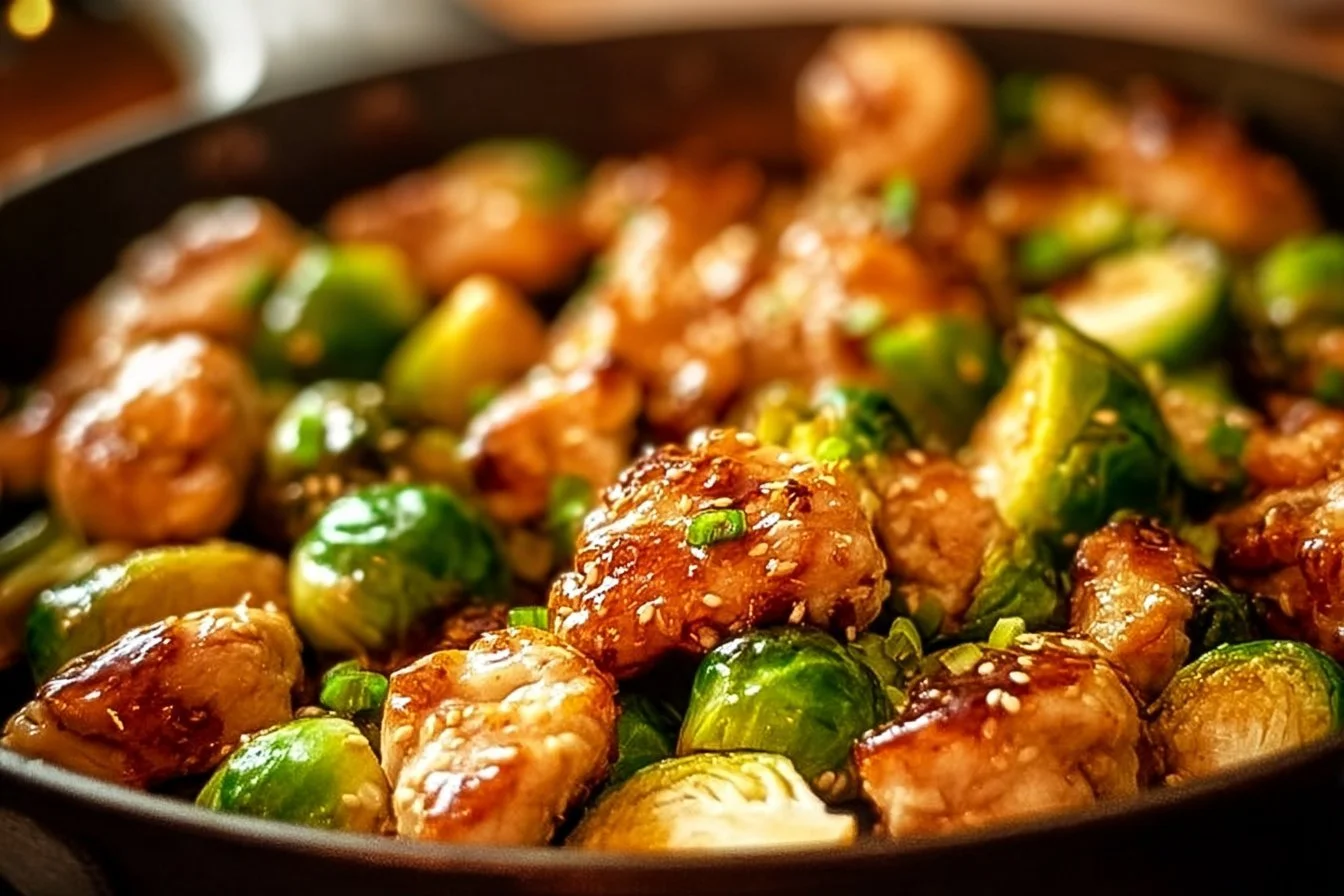 Honey-Garlic Chicken with Brussels Sprouts cooked in a skillet
