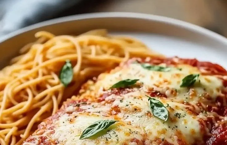 Deliciously baked pollo al parmesano garnished with herbs and cheese.